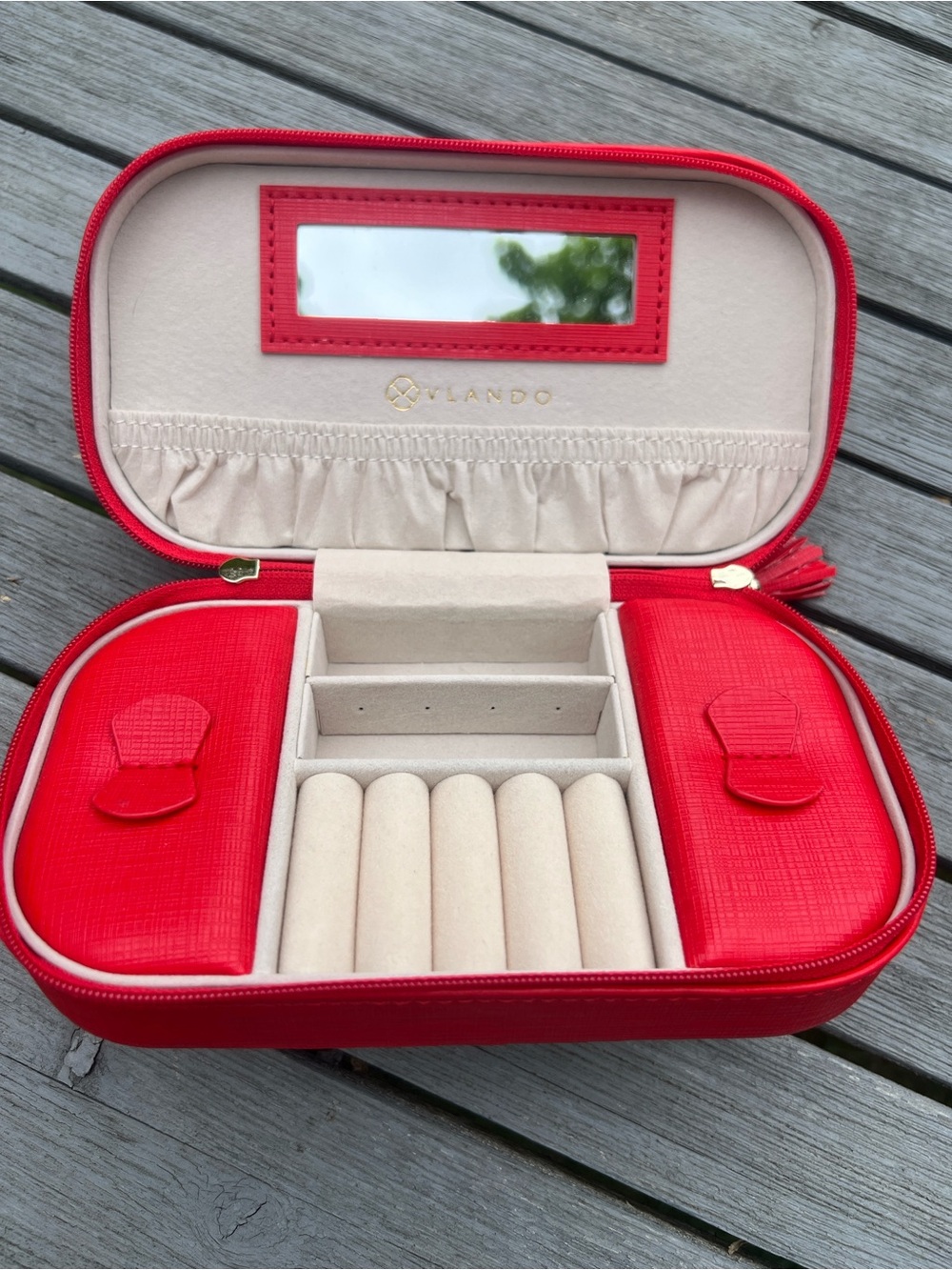 Compact Red Travel Jewelry Case with Gold Zippers